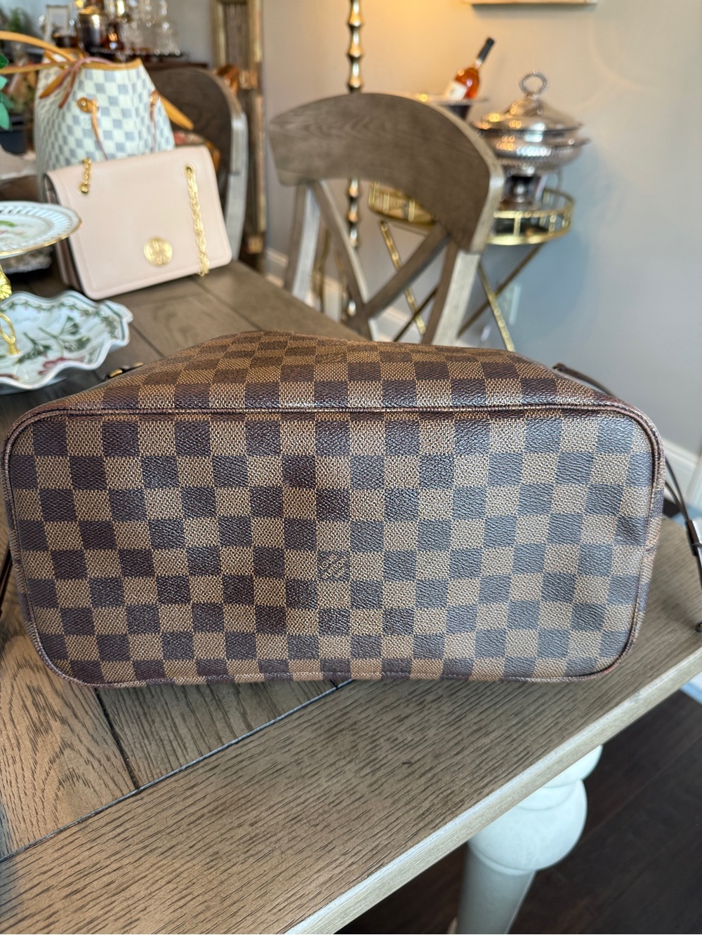 Louis Vuitton Damier Ebene Brown Check Tote Bag with Red Interior - Picture 3 of 14